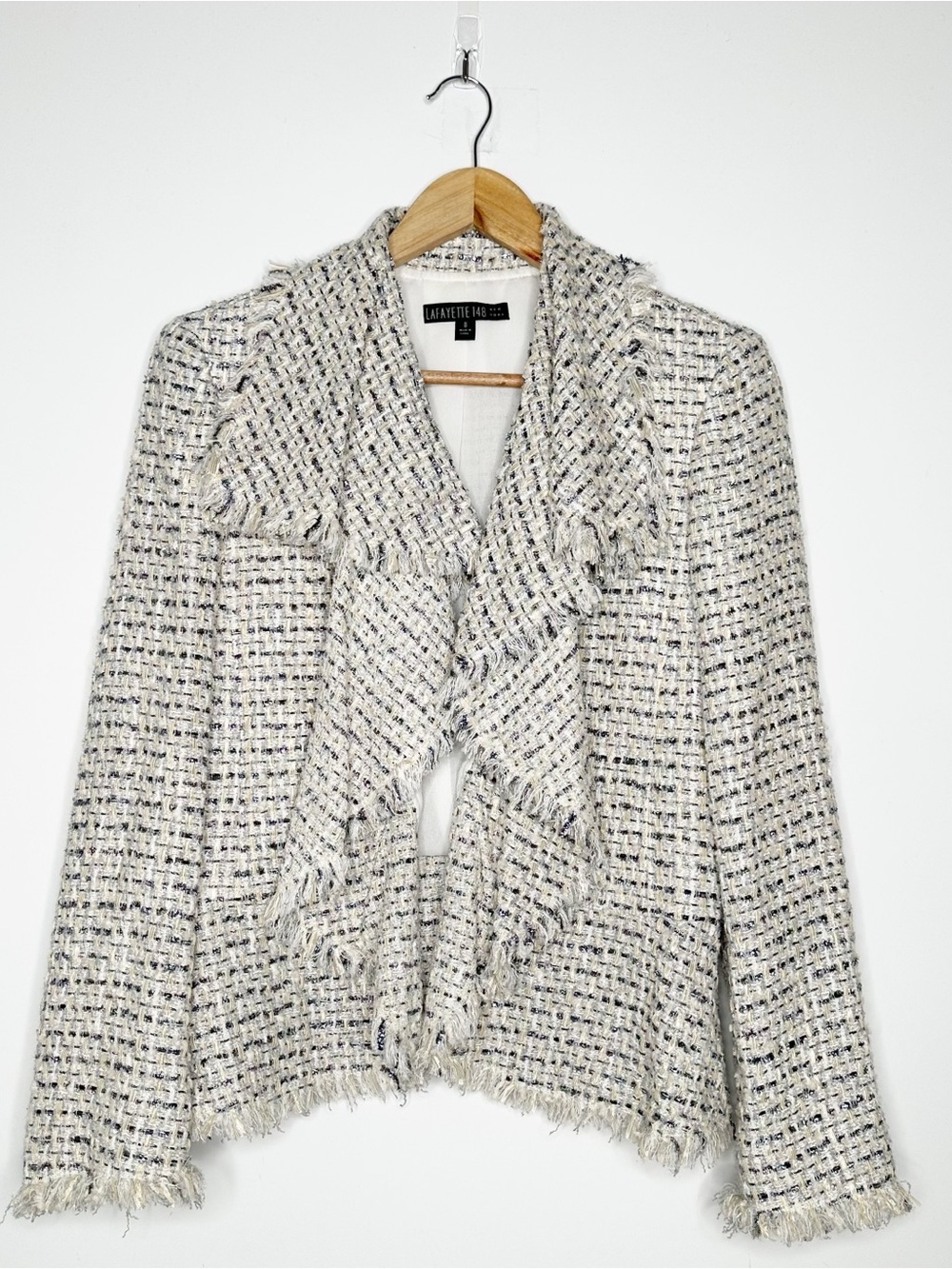 Lafayette 148 New York Metallic Tweed Fringe Open Front Blazer Jacket 8